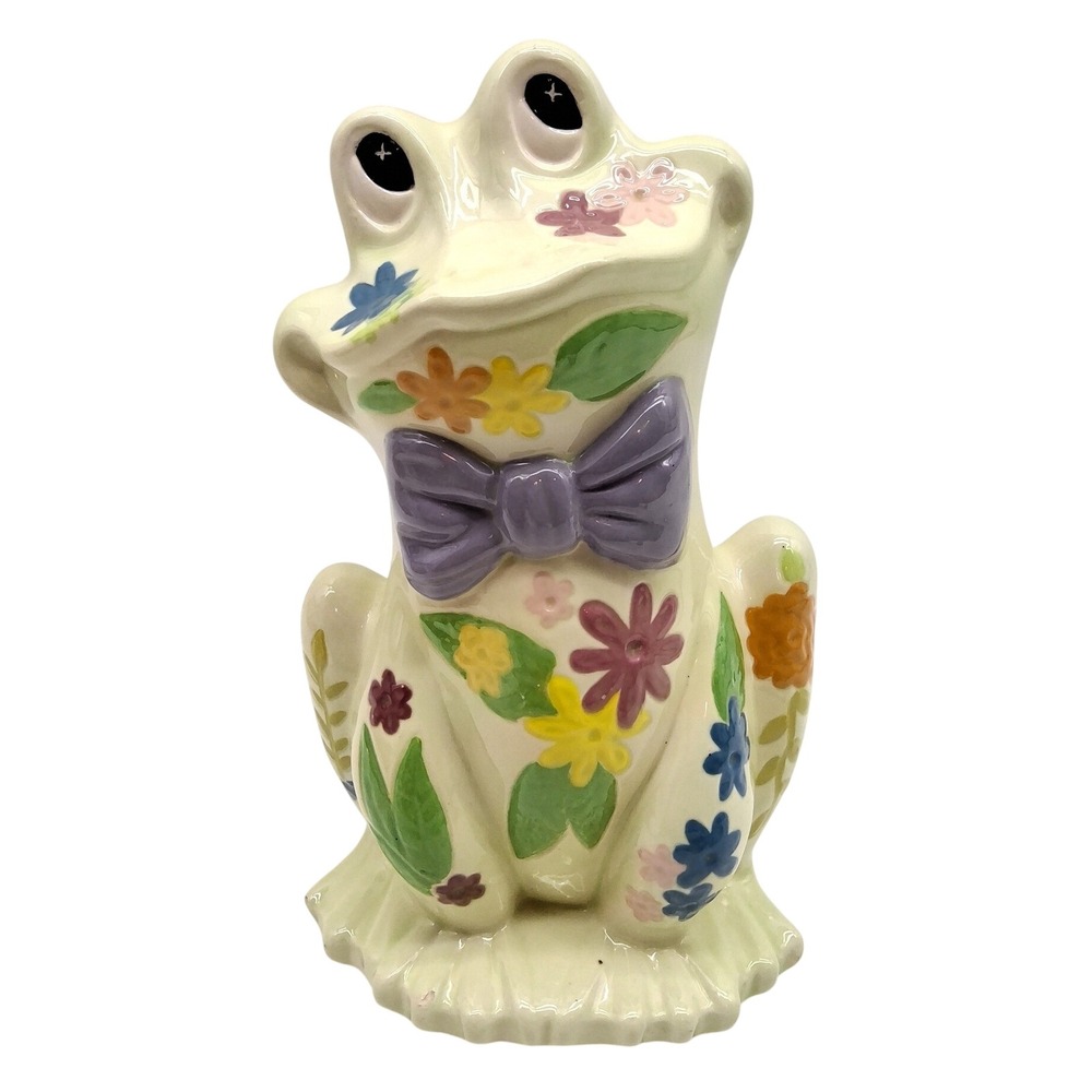 Vtg Hand-Painted Lt Green Glazed Ceramic Frog Figurine Colorful Flowers Bow Tie